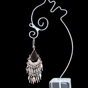 Silver tone fringed chandelier earrings faux onyx